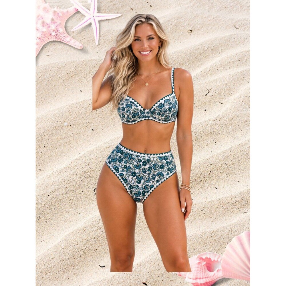 NWT Cupshe Teal Floral Ric-Rac Trim Bikini Set - Size L